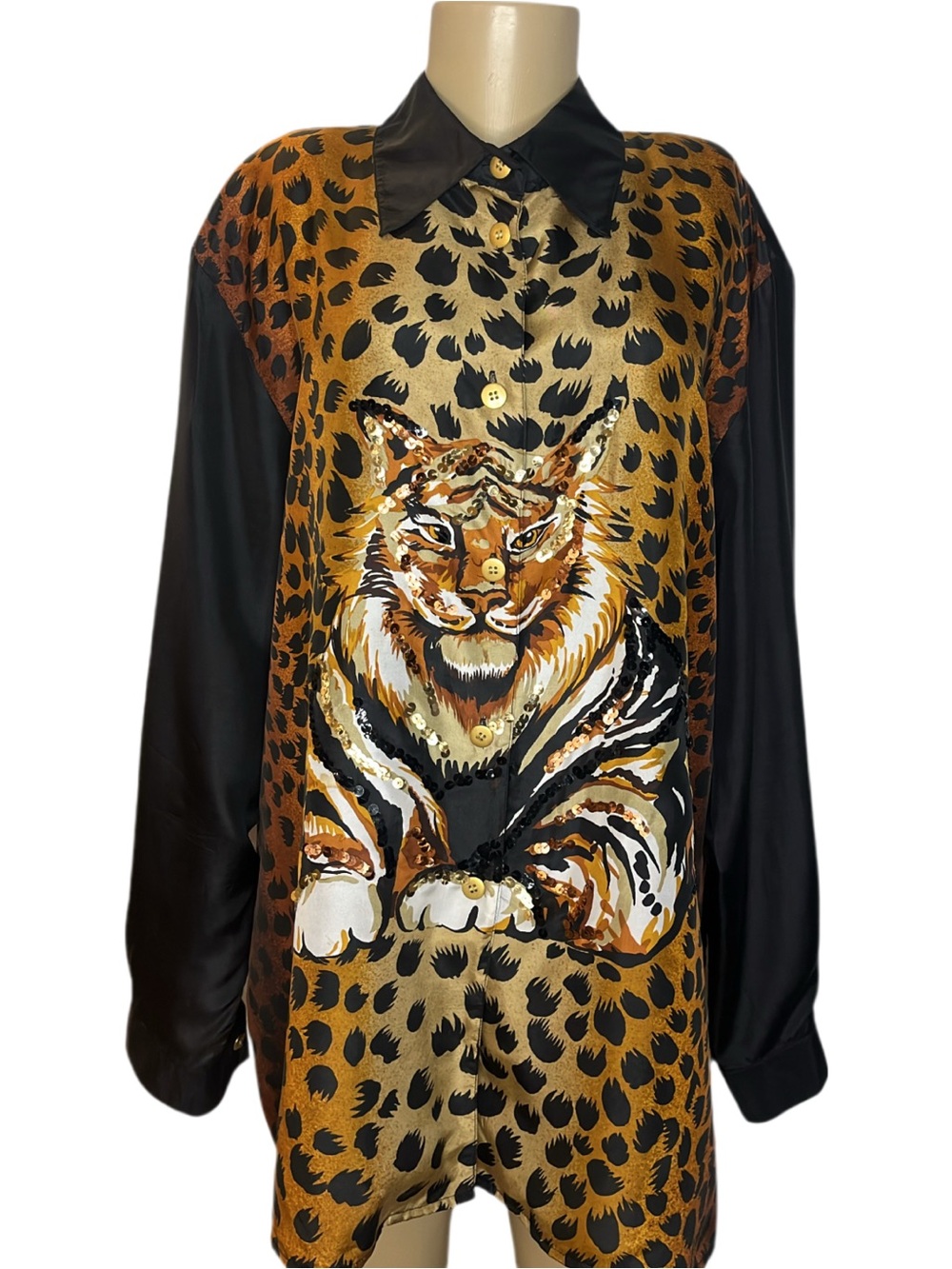 Vintage 80s Diane Gilman Silk Tiger Leopard Print Blouse